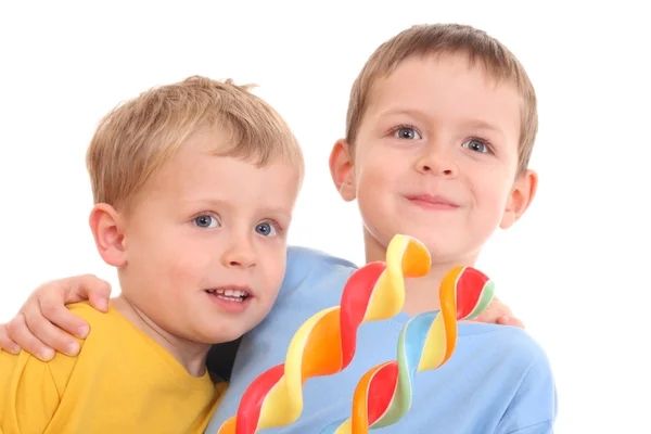 Two Boys Big Lollipops Isolated White Stock Picture