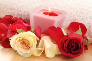 beauty treatment - towel candle and roses - everything you need to have some relax clipart