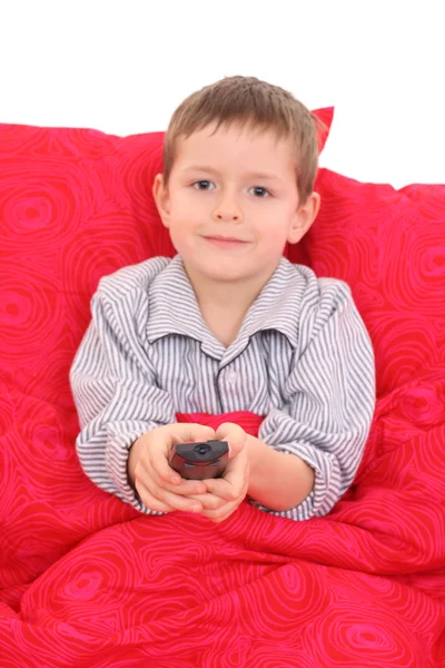 Years Old Boy Watching Bed Focus Remote Control — Stockfoto