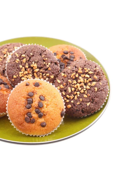 Teller Schokolade Muffins Nahaufnahmen Isoliert Auf Weiß — Stockfoto