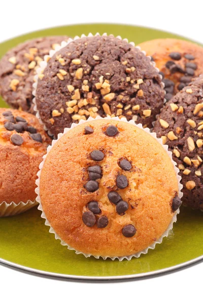 Prato Muffins Chocolate Close Ups Isolados Branco — Fotografia de Stock