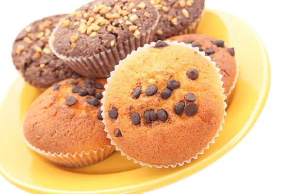 Prato Muffins Chocolate Close Ups Isolados Branco — Fotografia de Stock