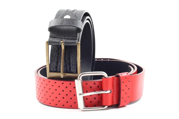 Cinturones Cuero Negro Rojo Aislados Sobre Fondo Blanco —  Fotos de Stock