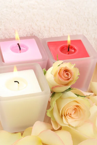 Beauty Treatment Towel Candles Roses Everything You Need Have Some — Stock Photo, Image