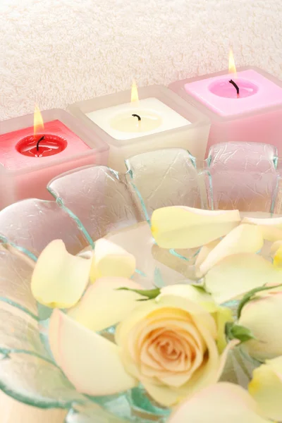Kosmetika Ručník Svíčky Růže Vše Potřebujete Nějaké Relaxovat — Stock fotografie