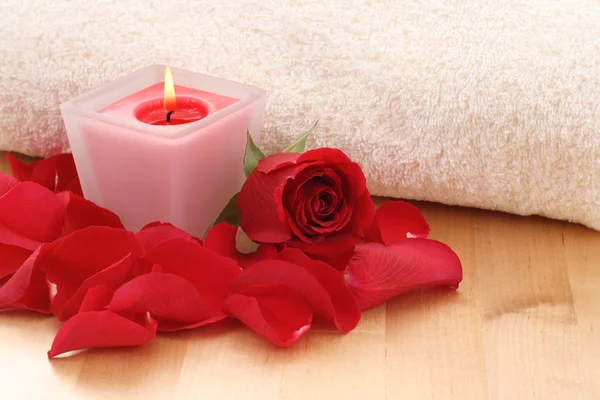 Tratamento Beleza Vela Toalha Rosas Tudo Que Você Precisa Para — Fotografia de Stock
