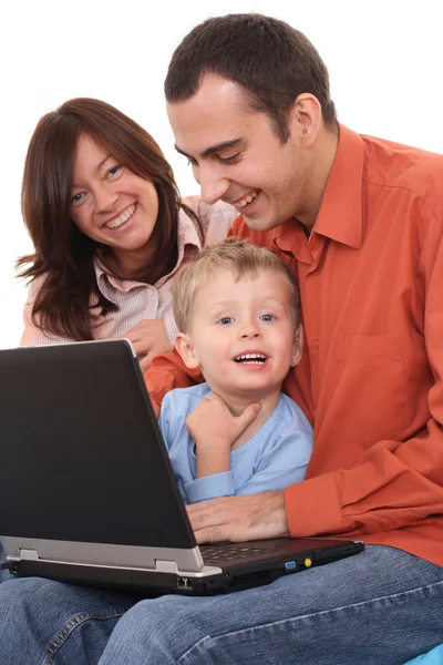 Genitori Figlio Divertono Con Gioco Computer Sul Divano — Foto Stock