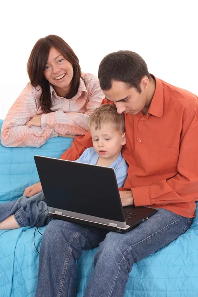 Ouders Zoon Plezier Met Computerspel Bank — Stockfoto