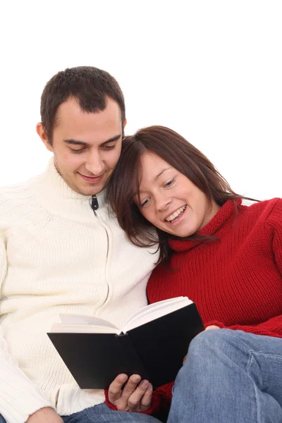 Γυναίκα Και Άντρας Διασκεδάζοντας Βιβλίο Απομονωθεί Λευκό — Φωτογραφία Αρχείου