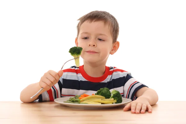 Years Old Boy Plate Cooked Vegetables Isolated White — Stock Photo, Image