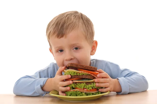 Years Old Boy Big Sandwich Isolated White — Stock Photo, Image