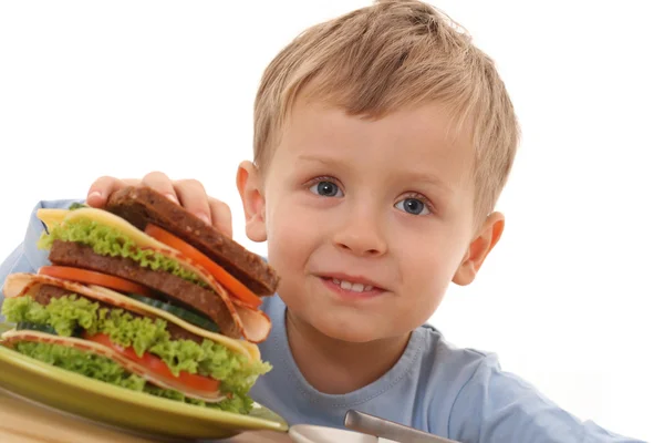 Fiú és nagy szendvics — Stock Fotó