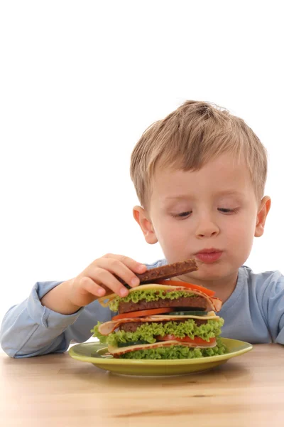 Мальчик Лет Большой Бутерброд Изолированный Белом — стоковое фото