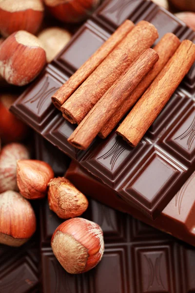 Detailní Záběry Čokolády Lískových Ořechů Skořice Sladká Jídla — Stock fotografie