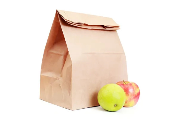 Papírový Sáček Oběd Čerstvá Jablka Bílém Jídlo Pití — Stock fotografie