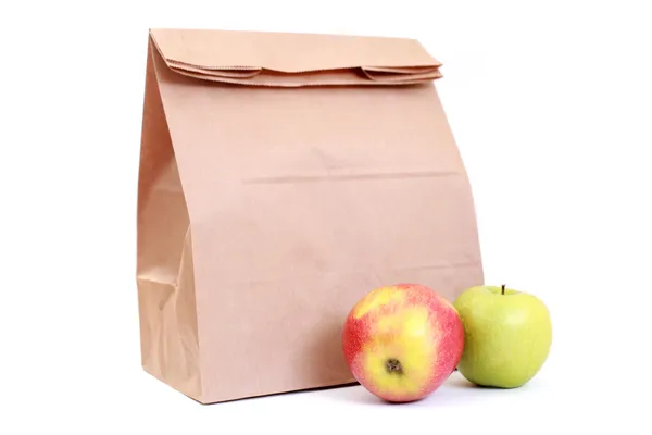 Lunchpaket Aus Papier Mit Frischen Äpfeln Auf Weiß Essen Und — Stockfoto