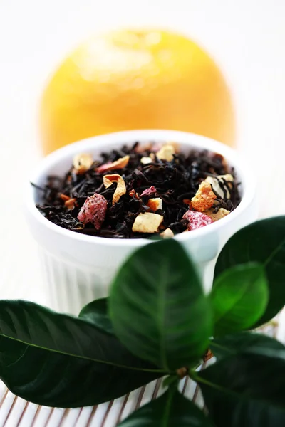 Miska Mandaryn Herbaty Świeżych Owoców Czas Herbatę — Zdjęcie stockowe