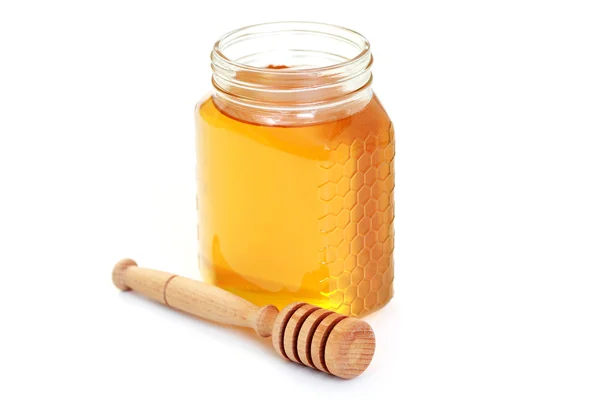 Glas Honig Auf Weißem Hintergrund Süßes Essen — Stockfoto