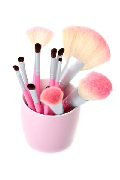 Roze Make Borstels Geïsoleerd Witte Achtergrond Schoonheidsbehandeling — Stockfoto
