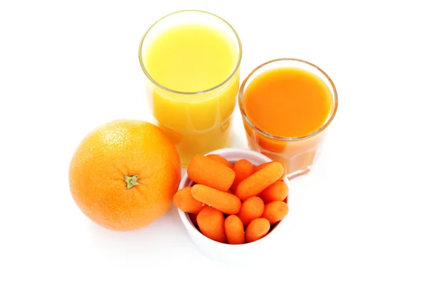 杯胡萝卜 桔子汁用新鲜水果 食物和饮料 — 图库照片