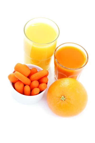 Glas Karotten Und Orangensaft Mit Frischen Früchten Essen Und Trinken — Stockfoto