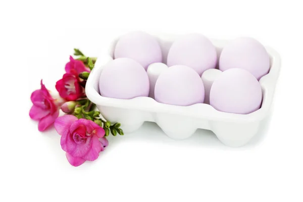 Ovos Páscoa Com Flores Comida Bebida — Fotografia de Stock