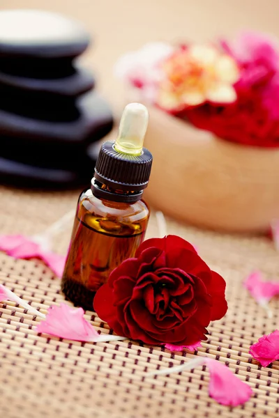Botella Aceite Esencial Flor Con Flores Clavel Fresco Tratamiento Belleza — Foto de Stock