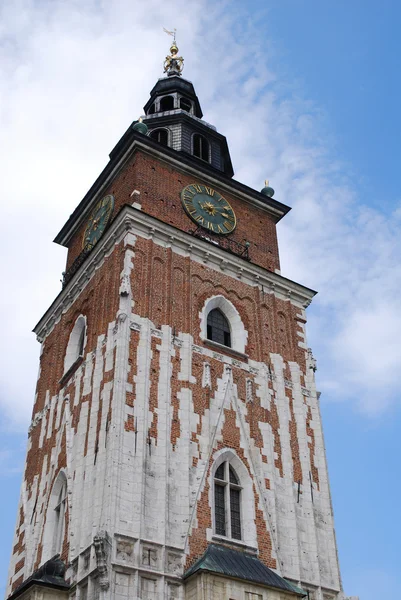 Town hall with clock in summer Krakow — Stock Photo, Image