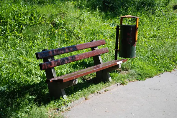 Houten bench in bos — Stockfoto