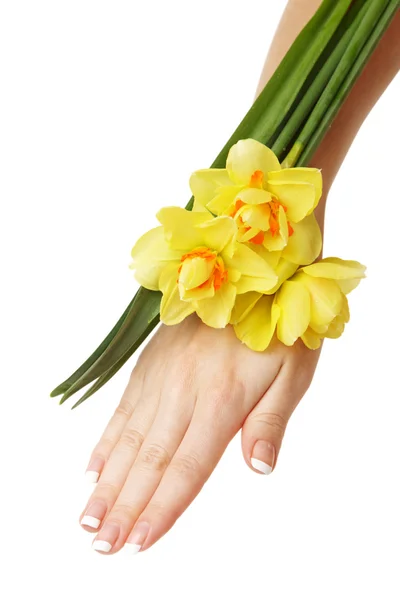 手と水仙の花 — ストック写真