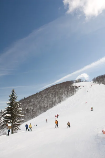 Skilift kullanarak kayakçı — Stok fotoğraf