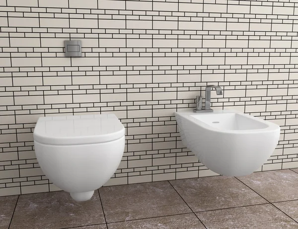 Toilettes modernes avec carrelage beige sur le mur — Photo