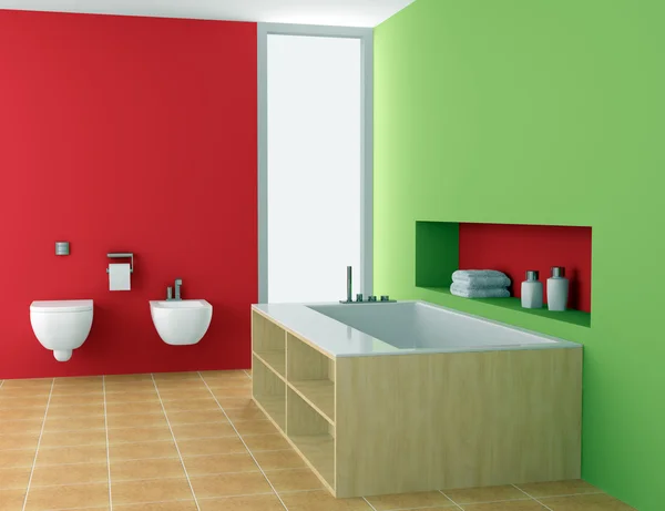 Salle de bain moderne avec murs rouges et verts — Photo