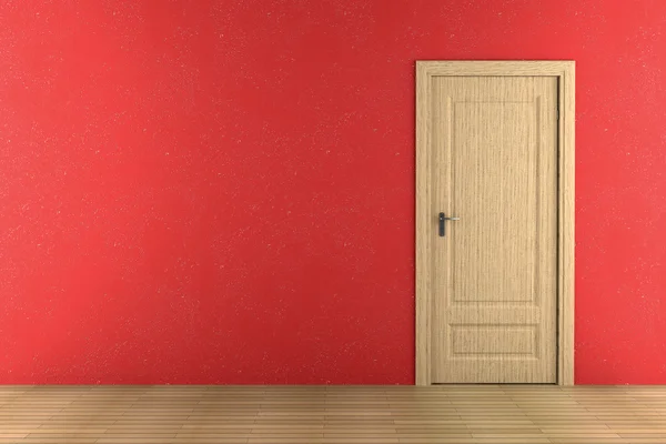 Gesloten bruine houten deur op rode muur — Stockfoto