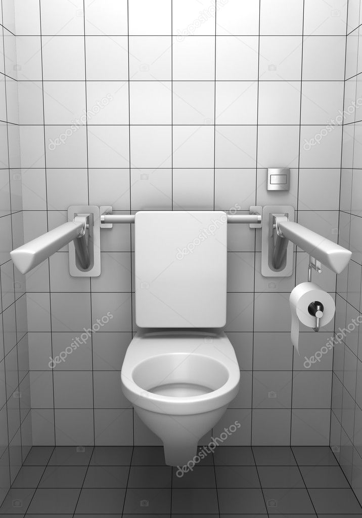 Toilet for invalids with white tile on wall