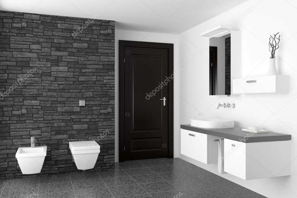 Modern bathroom with black stone wall