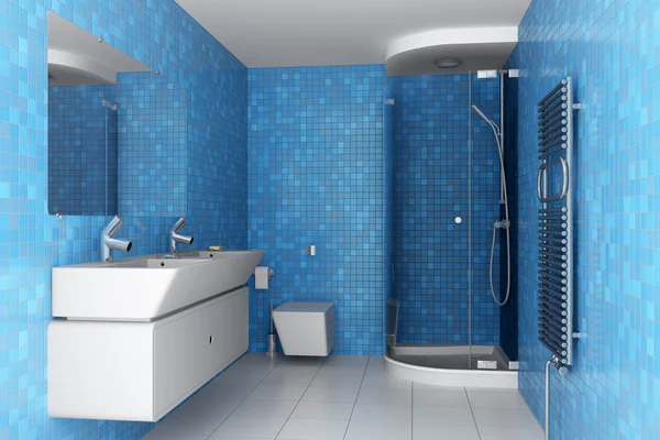 现代浴室墙上的蓝色瓷砖 — 图库照片