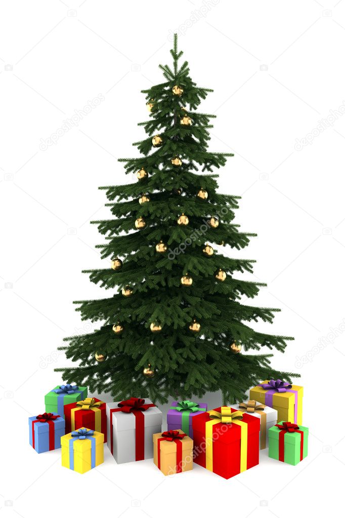 Christmas tree with color gift boxes isolated on white background