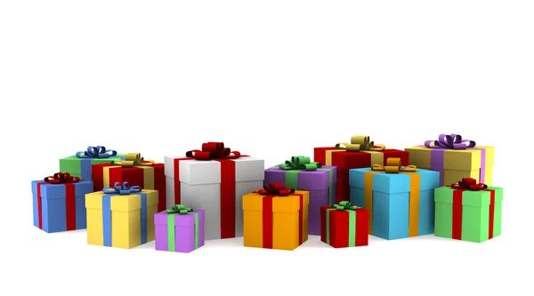 Molte scatole regalo a colori isolate su sfondo bianco — Foto Stock