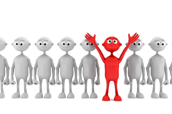 Jeden czerwony człowiek wyróżnia się z tłumu. kierownik koncepcja — Zdjęcie stockowe