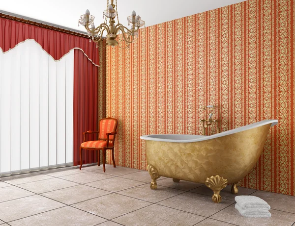 stock image Classic bathroom with old bathtub and red striped wall
