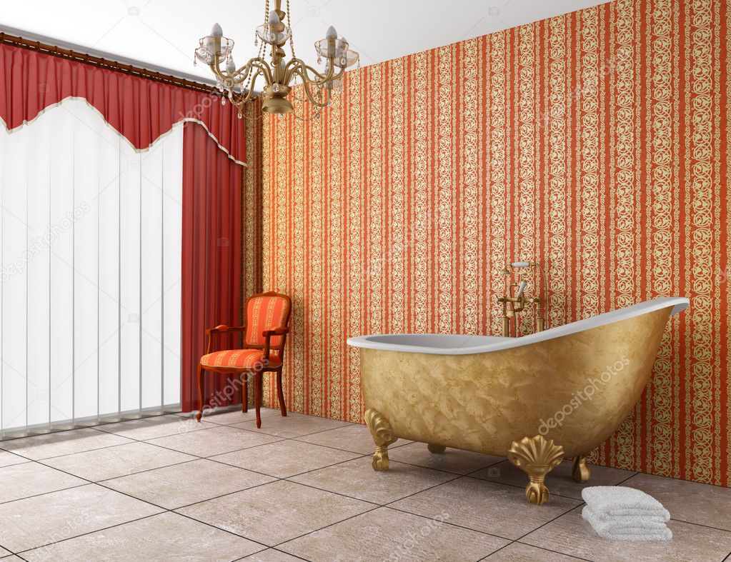 Classic bathroom with old bathtub and red striped wall