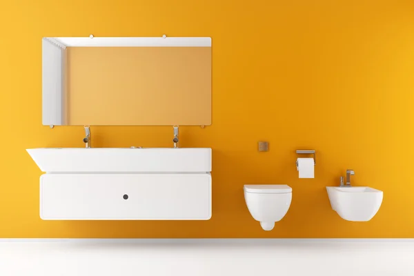 Salle de bain moderne avec mur orange et équipement blanc — Photo