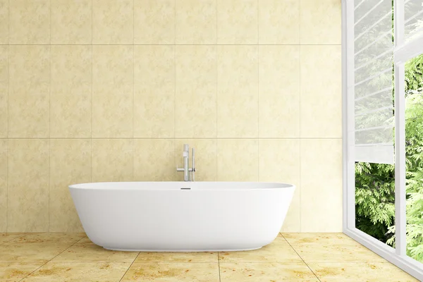 Современная ванная комната с бежевой плиткой на стене и полу — стоковое фото