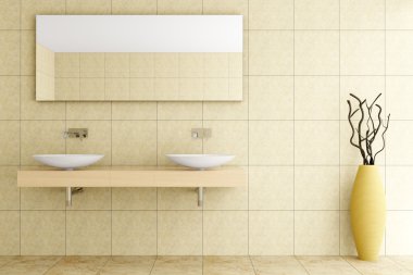 Modern bathroom with beige tiles on wall and floor clipart