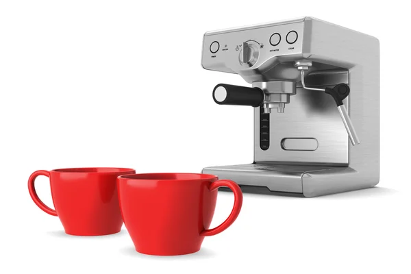 Dos tazas rojas y cafetera aisladas sobre fondo blanco — Foto de Stock