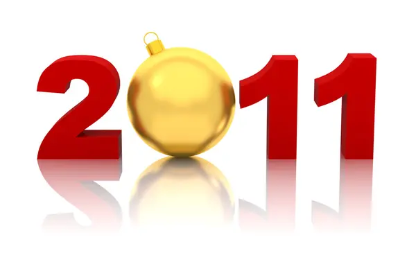 New year 2011 with golden christmas ball isolated on white — Stock Photo, Image