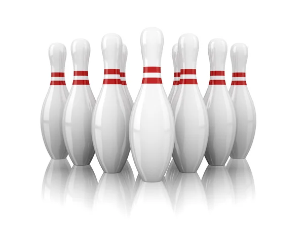 Tien bowling pinnen geïsoleerd op witte achtergrond — Stockfoto