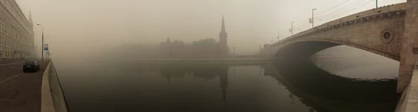 stock image Smog in Moscow, Russia. Panorama of Kremlin. Moscow-River.