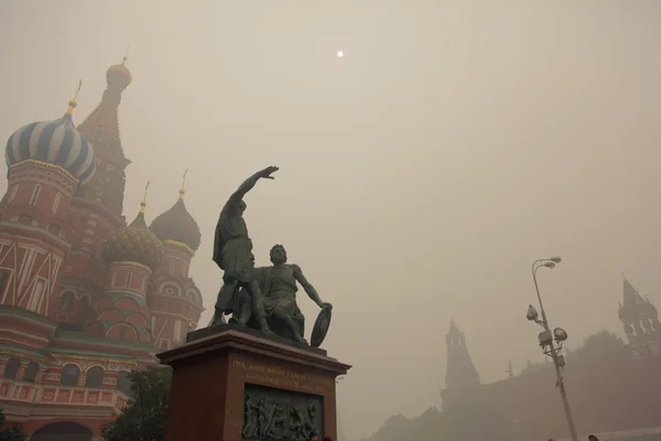 stock image Smog in Moscow, Russia. Red Square. Basil Church. Minin & Pozharky.